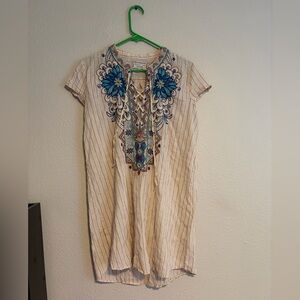 Johnny Was Multicolor Embroidered Lace-Up Tunic Dress